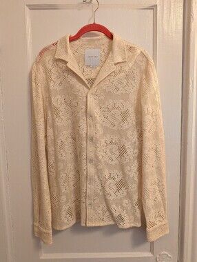 Lace Textured Cuban Collared Long Sleeve Button Down Shirt